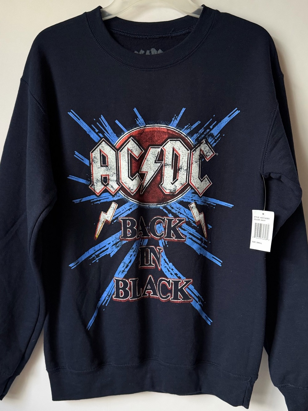 AC/DC Back in Black Graphic Crewneck Sweatshirt Navy Fleece NWT Small Unisex - Picture 3 of 13